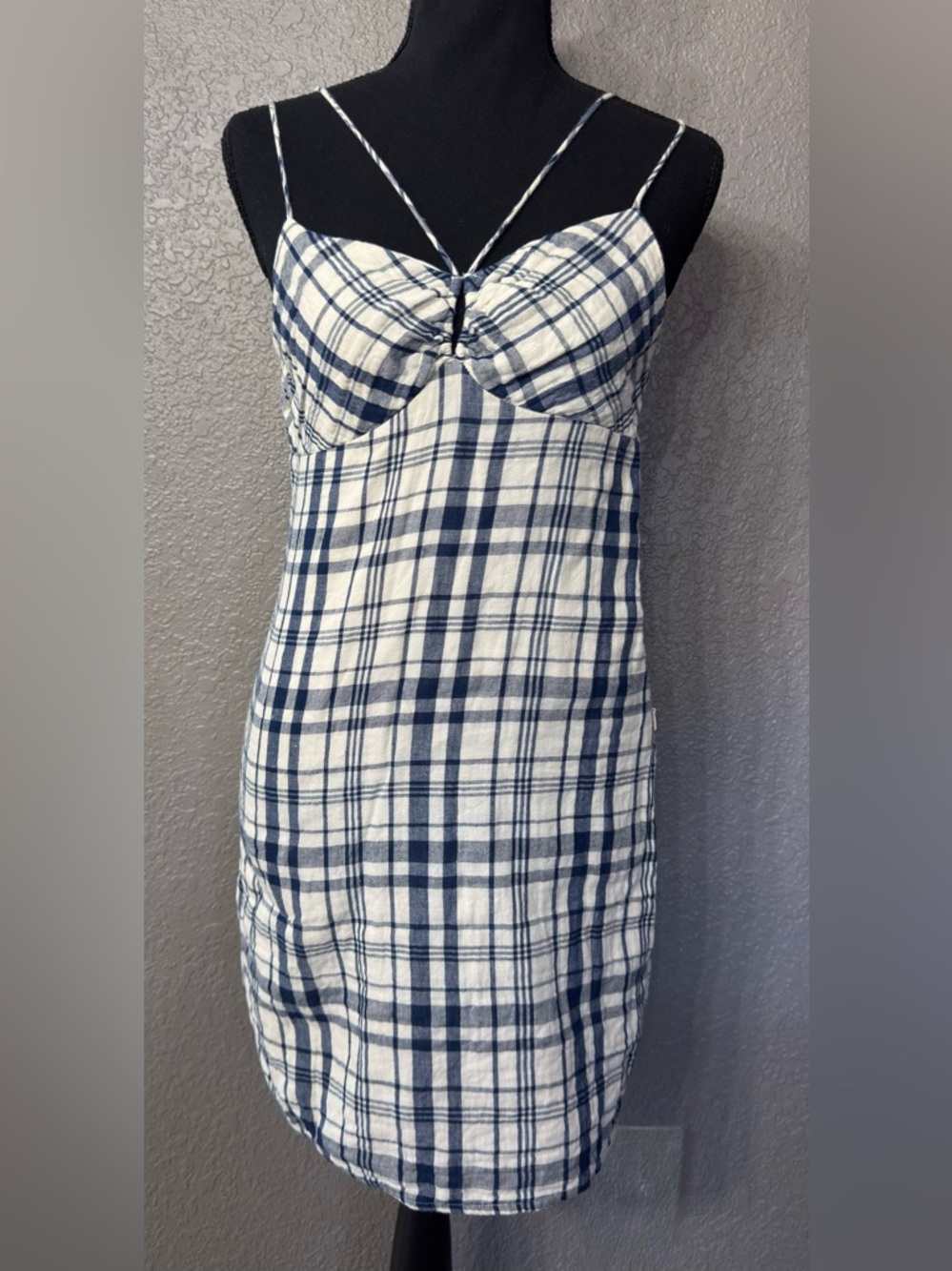 Miss Me Women’s Sz S Blue White Plaid Cotton Strappy Sun Dress Midi Side Zip